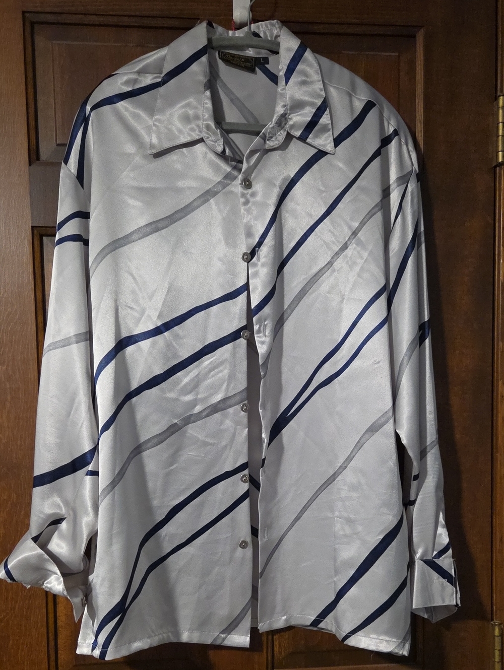 Men's Vintage Monzini Silver Satin Button-Up Shirt with Navy & Gray Stripes